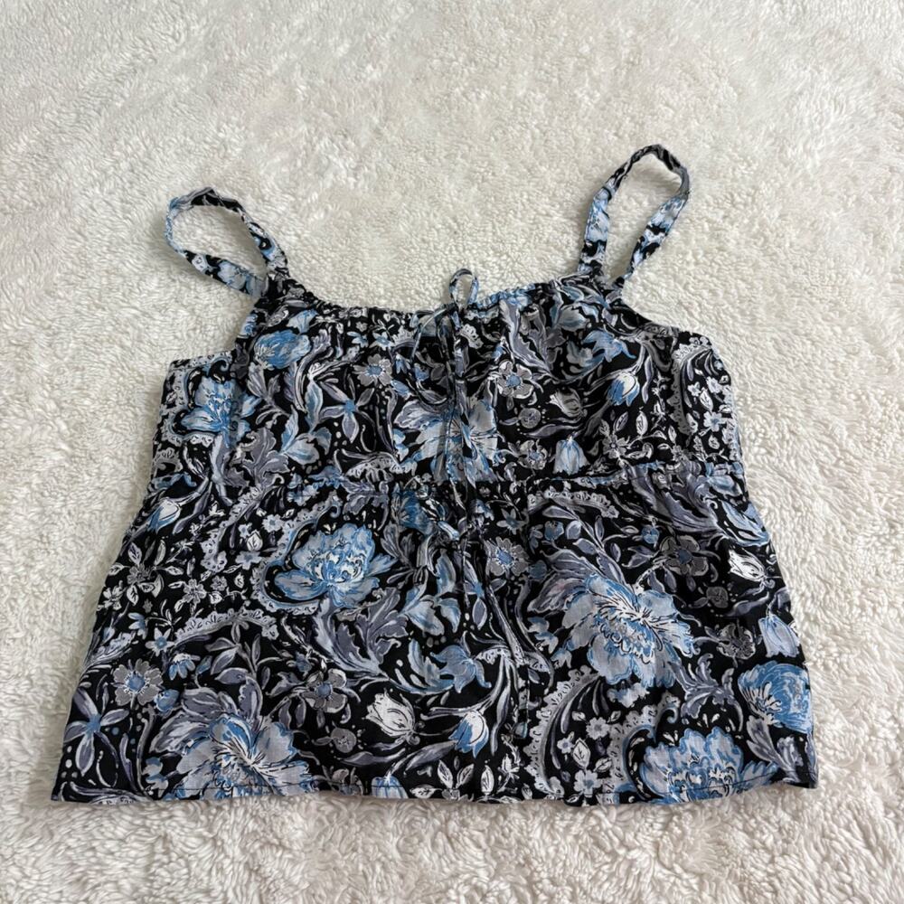 TAHARI Womens Floral Linen Top Lagenlook Boxy Blue XL Boho Costal Resort Summer